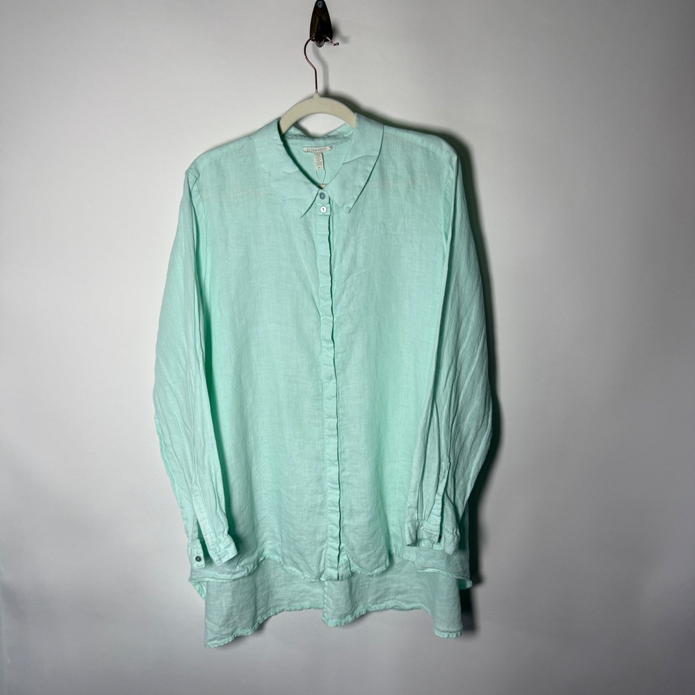 Eileen Fisher Mint Green Organic Irish Linen Button Down High Low Shirt Size 1X